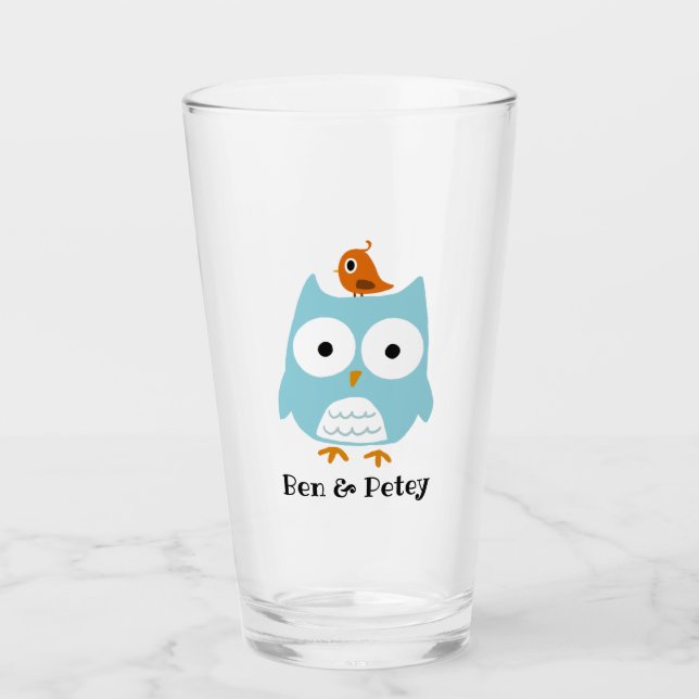 Cute Blue Owl and Little Bird Personalised Glass (Front)