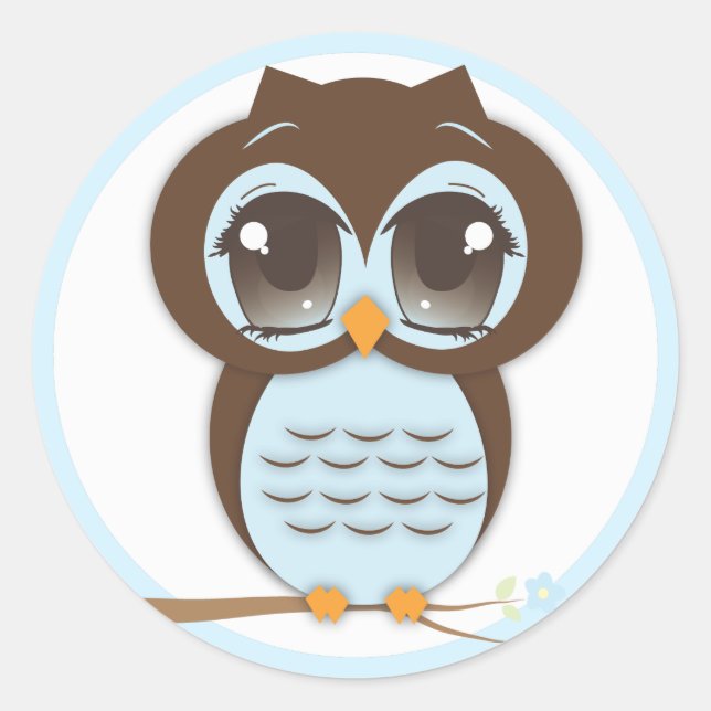 Cute Blue Owl Baby Shower for a Boy Classic Round Sticker (Front)