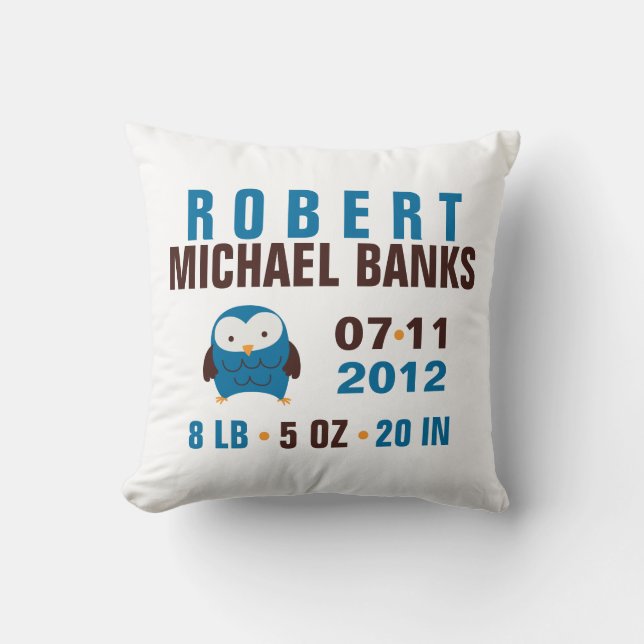 Cute Blue Owl Birth Announcement Cushion (Front)