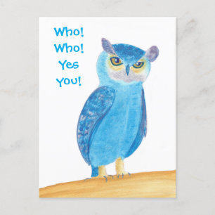 Cute Blue Owl Birthday Party Invitations, Custom Invitation Postcard