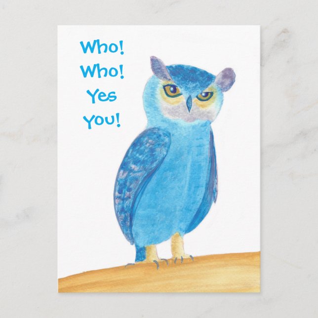 Cute Blue Owl Birthday Party Invitations, Custom Invitation Postcard (Front)