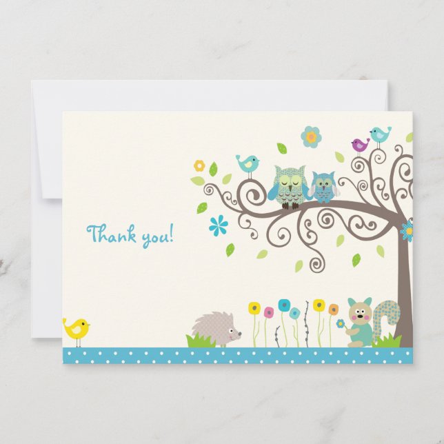 Cute Blue Owl Boy Baby Shower Thank You Cards (Front)