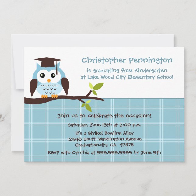 Cute blue owl elementary boy's graduation party invitation (Front)