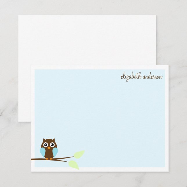 Cute Blue Owl Flat Thank You Notes Invitation (Front/Back)