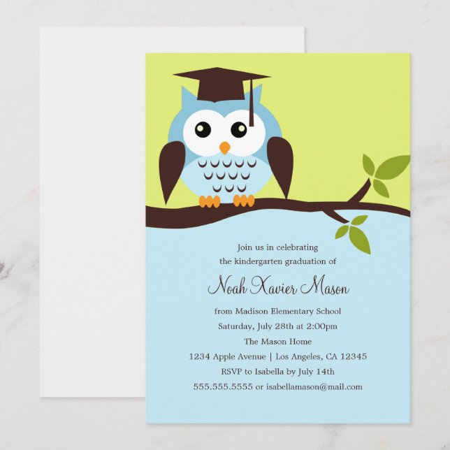 Cute Blue Owl Graduation Party Invitation (Front/Back)