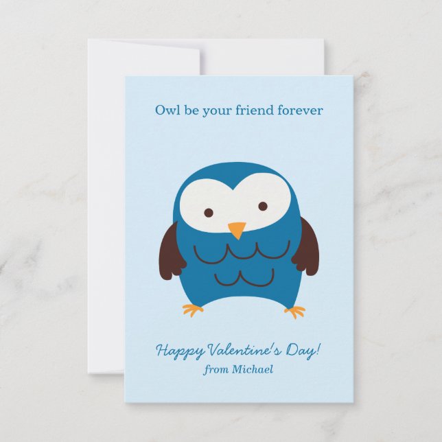 Cute Blue Owl Kids Valentines Day Cards (Front)