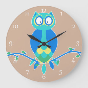 Cute Blue Owl Nursery Large Clock