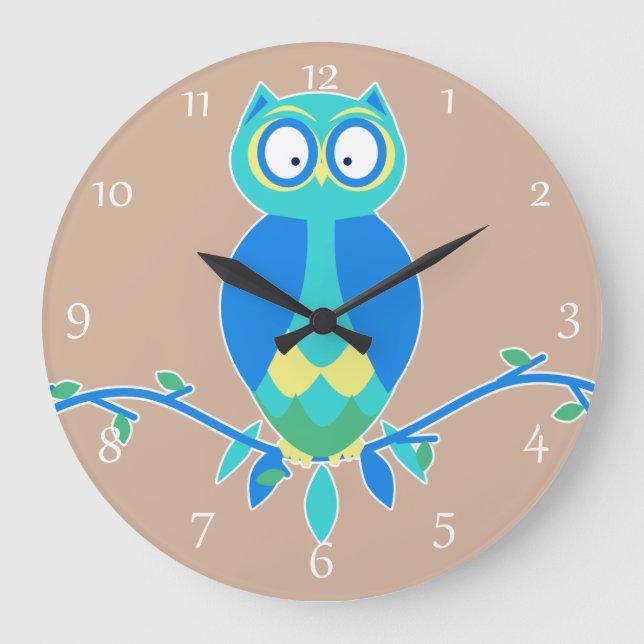 Cute Blue Owl Nursery Large Clock (Front)