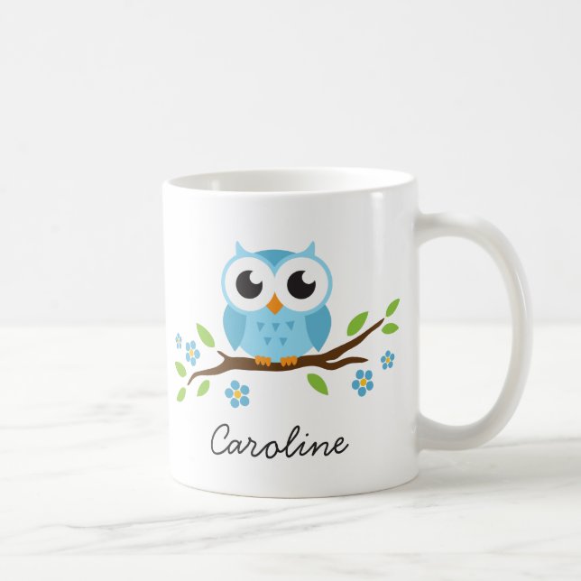 Cute blue owl on floral branch personalised name coffee mug (Right)