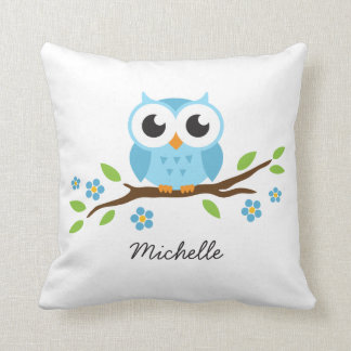 Cute blue owl on floral branch personalised name cushion