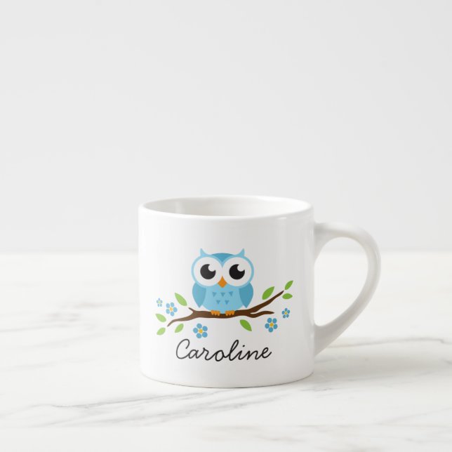 Cute blue owl on floral branch personalised name espresso cup (Right)
