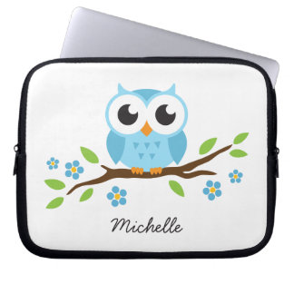 Cute blue owl on floral branch personalised name laptop sleeve