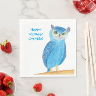 Cute Blue Owl, Personalised Birthday Napkins