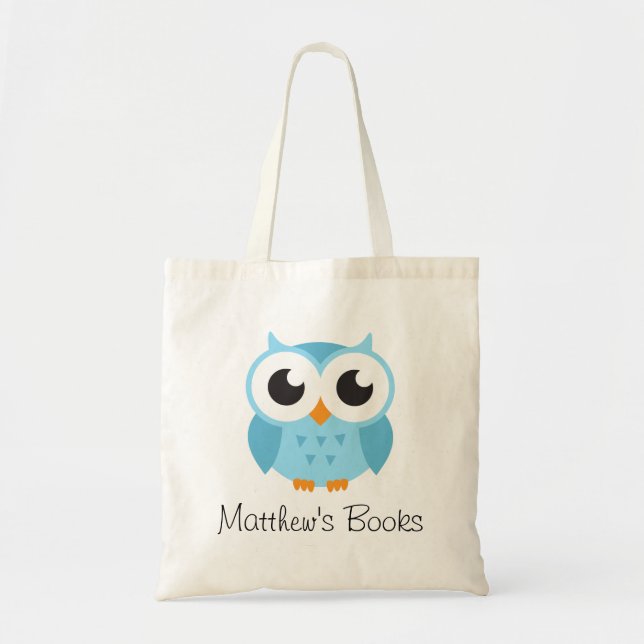 Cute blue owl personalised library book tote bag (Front)