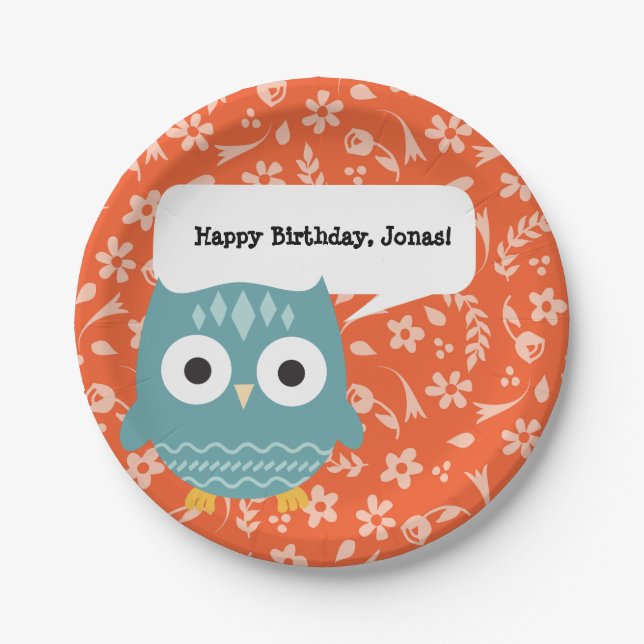 Cute Blue Owl Personalised Party Plates (Front)