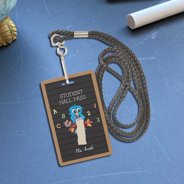Cute Blue Owl Teacher Vertical Hall Pass Badge ID Badge (Creator Uploaded)