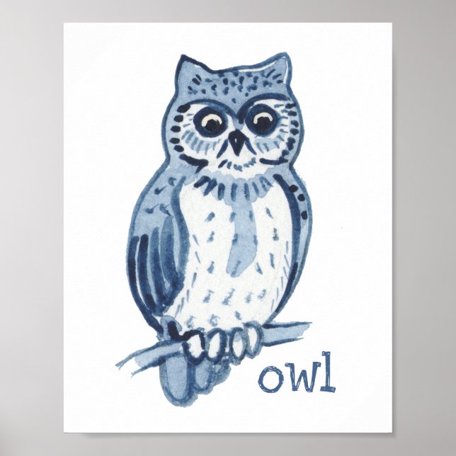 Cute Blue Owl Watercolor Animal Nature Wildlife Poster (Front)