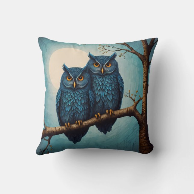 Cute blue Pair of Owls sitting on a branch  Cushion (Back)