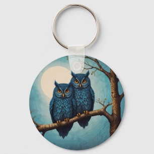 Cute blue Pair of Owls sitting on a branch  Key Ring
