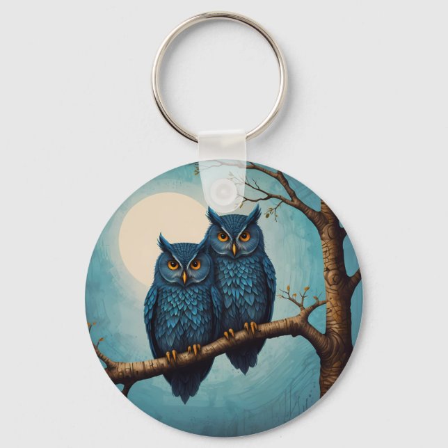 Cute blue Pair of Owls sitting on a branch  Key Ring (Front)