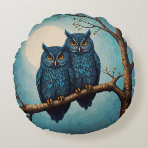 Cute blue Pair of Owls sitting on a branch  Round Cushion