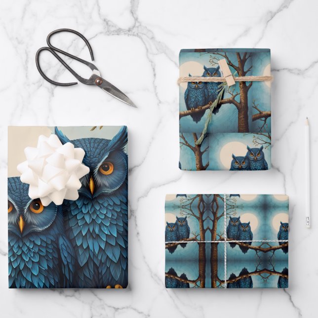 Cute blue Pair of Owls sitting on a branch  Wrapping Paper Sheet (Front)