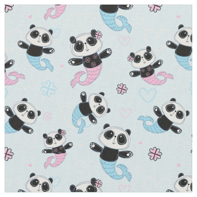 Cute Blue Panda Bear Mermaids Fabric (Close Up)