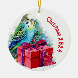 Cute Blue Parakeet and Christmas Gift Ceramic Tree Decoration