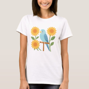 Cute Blue Parakeet Sunflowers Floral Bird Lover T-Shirt