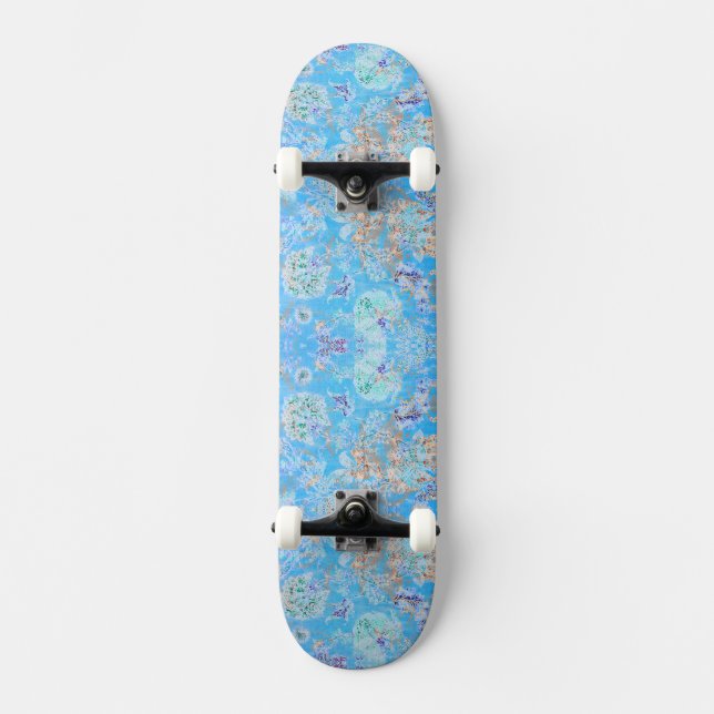 Cute blue pastel floral skateboard (Front)