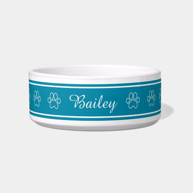 Cute Blue Paw Print Personalised Bowl (Front)