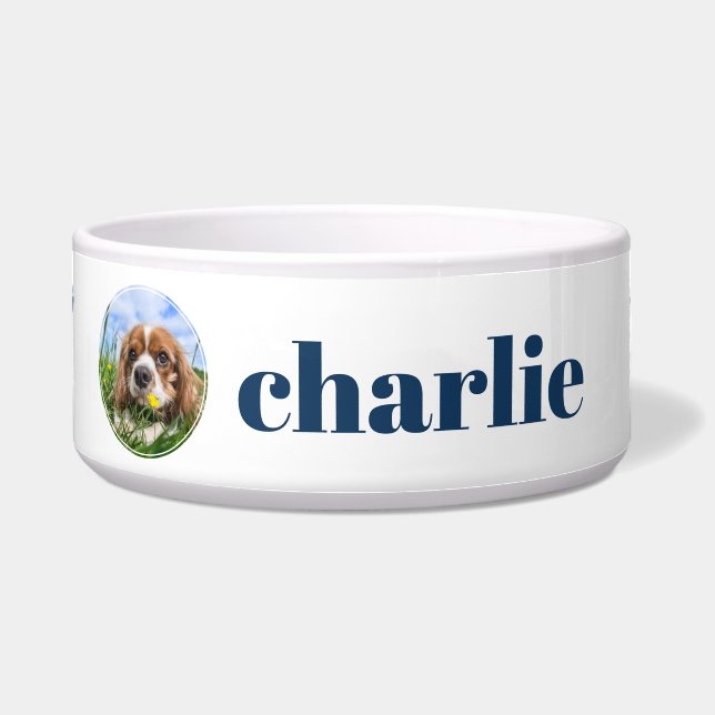 Cute Blue Paw Prints Personalised Dog Photo Bowl (Front)