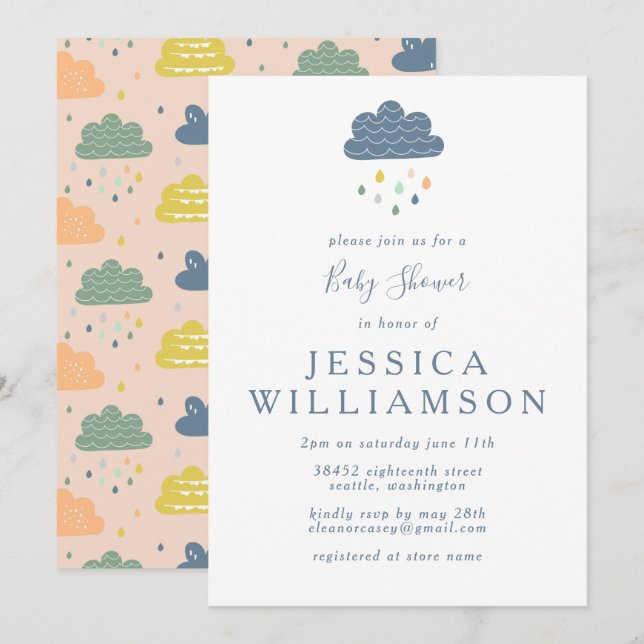 Cute Blue Peach Raindrops Boy Baby Shower Invitation (Front/Back)