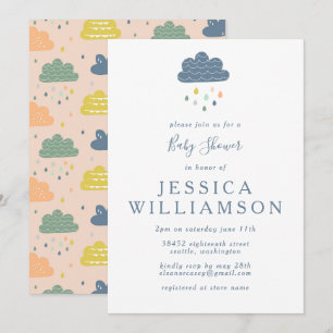 Cute Blue Peach Raindrops Boy Baby Shower Invitation