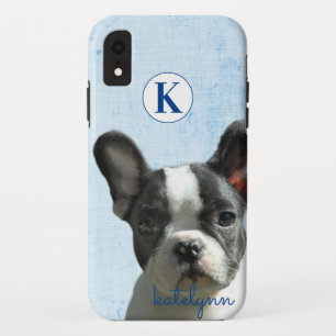 Cute Blue Peek-a-Boo Boston Terrier Puppy Monogram iPhone XR Case