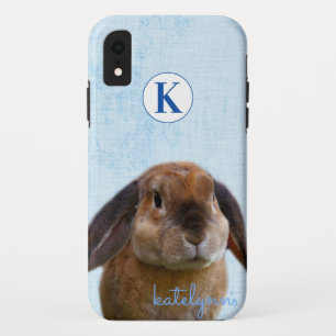 Cute Blue Peek-a-Boo Bunny Photograph Monogrammed iPhone XR Case