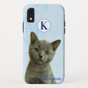 Cute Blue Peek-a-Boo Kitten Photograph Monogram iPhone XR Case