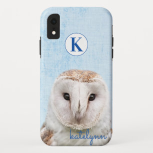 Cute Blue Peek-a-Boo Owl Photograph Monogram iPhone XR Case