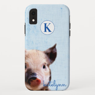 Cute Blue Peek-a-Boo Piglet Photograph Monogram iPhone XR Case