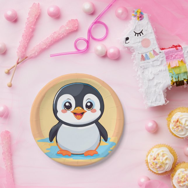 Cute blue penguin Face zoo ice Birthday Party Paper Plate (Party)