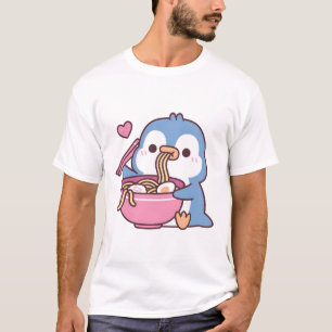 Cute Blue Penguin Loves Eating Ramen Noodles T-Shirt