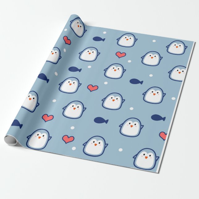 Cute Blue Penguin Pattern Wrapping Paper (Unrolled)