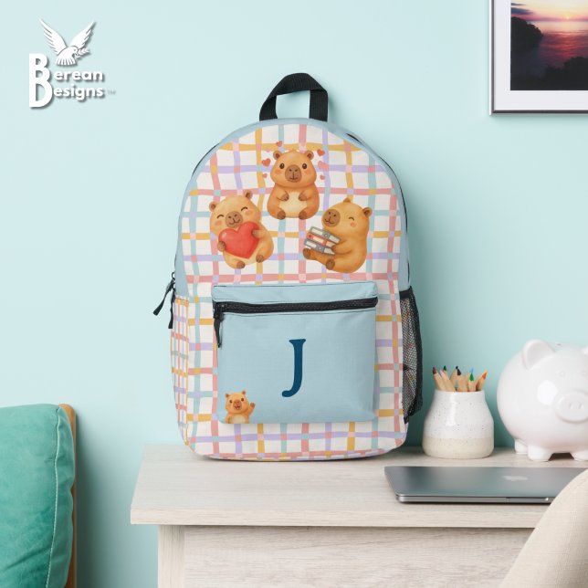 Cute Blue Personalised Capybara Printed Backpack (Cute Watercolor CAPYBARA backpack in BLUE. Ideal new mom gift as diaper bag or book bag.)