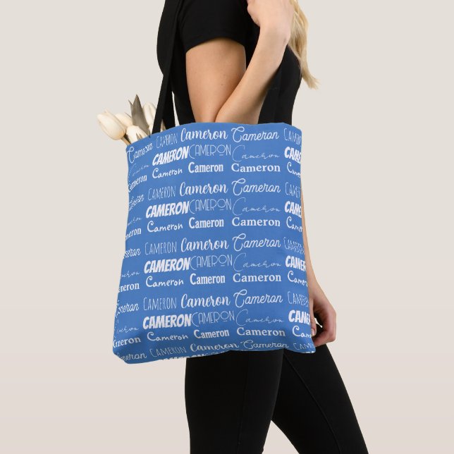 Cute Blue Personalized Name Collage Tote Bag (Close Up)