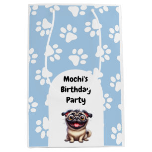 Cute Blue Pet Pug Birthday Party Medium Gift Bag