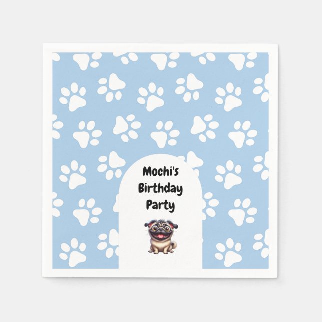 Cute Blue Pet Pug Birthday Party Napkin (Front)