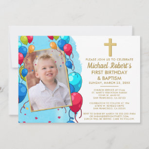 Cute Blue Photo Boy 1st Birthday Baptism Invitation
