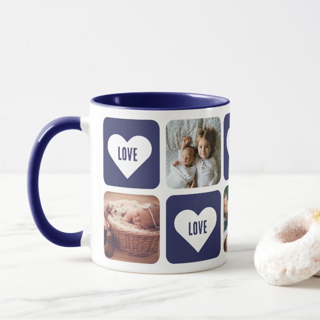 Cute Blue Photo Collage Love Heart Mug (With Donut)