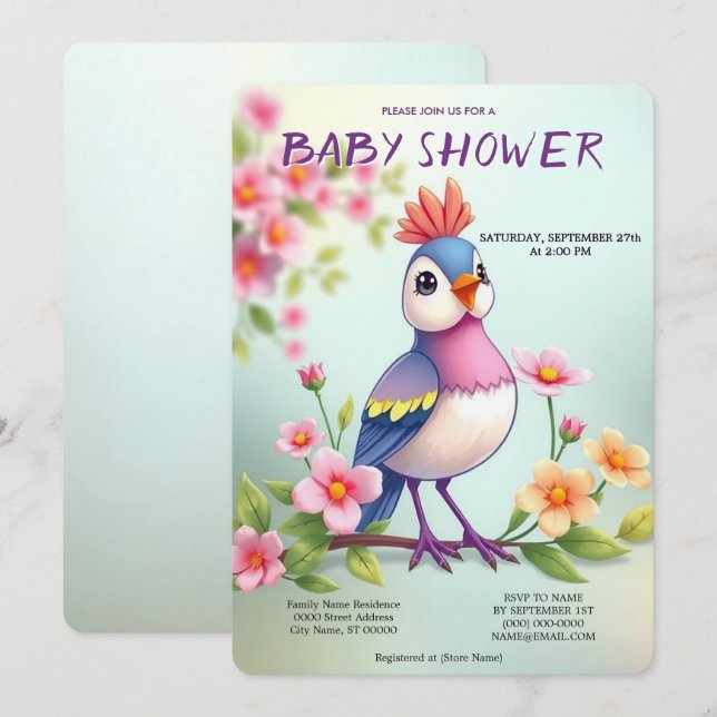 Cute Blue Pink Bird Floral Baby Shower Invitation (Front/Back)