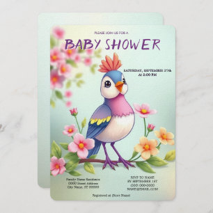 Cute Blue Pink Bird Floral Baby Shower Invitation